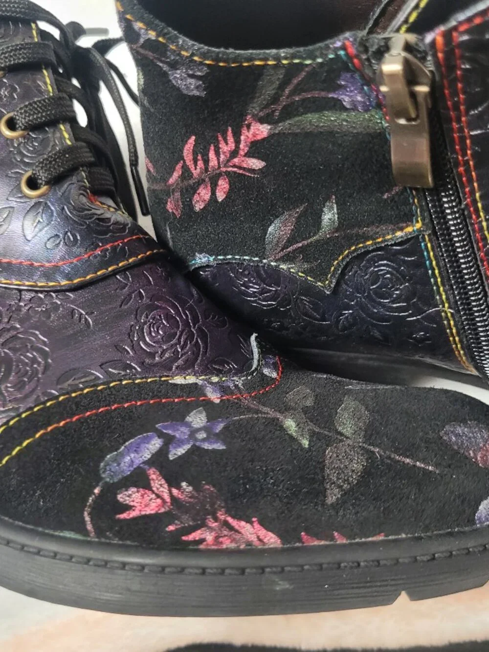 Floral Embossed Lace Up Ankle Boots Women’s Boho Combat Boot Side Zip Artsy Chic